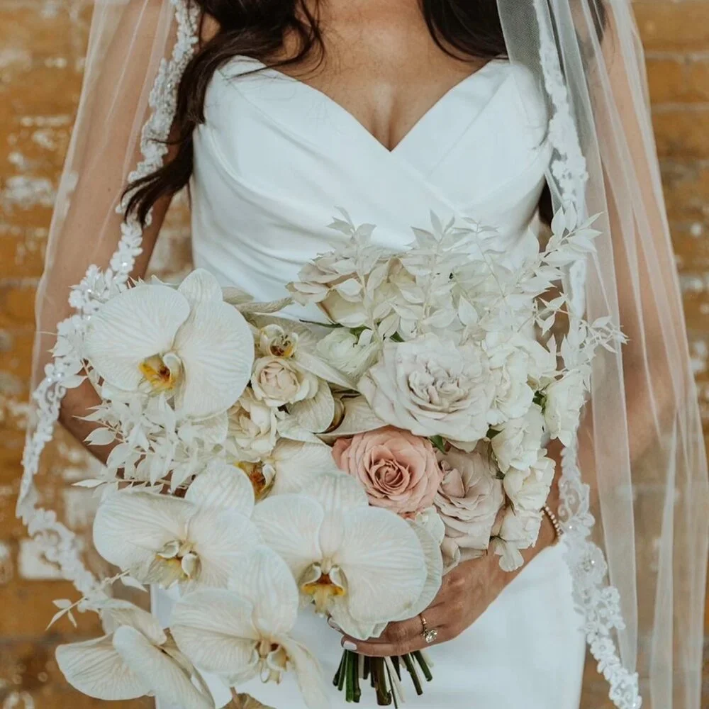 Designer Strapless Satin Mermaid Wedding Dress w/ Lace Train – Size 6 – Worn Onc - Picture 3 of 6